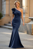 One Shoulder Mermaid Black Mother Of The Bride Dress with 3D Flower