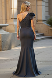 One Shoulder Mermaid Black Mother Of The Bride Dress with 3D Flower