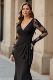 Mermaid V-Neck Pine Long Mother Of The Bride Dress with Long Sleeves