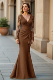 Mermaid V-Neck Pine Long Mother Of The Bride Dress with Long Sleeves