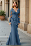 Mermaid V-Neck Pine Long Mother Of The Bride Dress with Long Sleeves