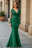 Mermaid V-Neck Pine Long Mother Of The Bride Dress with Long Sleeves