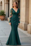 Mermaid V-Neck Pine Long Mother Of The Bride Dress with Long Sleeves