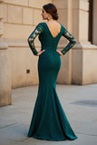 Mermaid V-Neck Pine Long Mother Of The Bride Dress with Long Sleeves