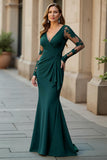 Mermaid V-Neck Pine Long Mother Of The Bride Dress with Long Sleeves