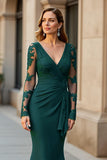 Mermaid V-Neck Pine Long Mother Of The Bride Dress with Long Sleeves