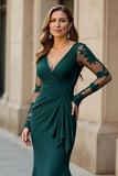Mermaid V-Neck Pine Long Mother Of The Bride Dress with Long Sleeves