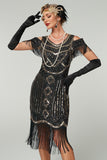 Cold Shoulder Black Fringed Sheath Sequins 1920s Dress