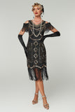 Cold Shoulder Black Fringed Sheath Sequins 1920s Dress