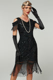 Cold Shoulder Black Fringed Sheath Sequins 1920s Dress