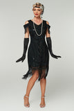 Cold Shoulder Black Fringed Sheath Sequins 1920s Dress