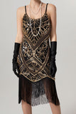Sheath Black Golden Sequins Midi 1920s Dress with Fringes