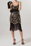 Sheath Black Golden Sequins Midi 1920s Dress with Fringes