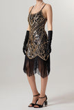 Sheath Black Golden Sequins Midi 1920s Dress with Fringes
