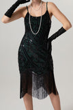 Sheath Black Golden Sequins Midi 1920s Dress with Fringes