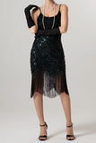 Sheath Black Golden Sequins Midi 1920s Dress with Fringes