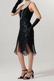 Sheath Black Golden Sequins Midi 1920s Dress with Fringes