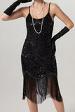 Sheath Black Golden Sequins Midi 1920s Dress with Fringes