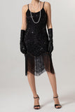 Sheath Black Golden Sequins Midi 1920s Dress with Fringes