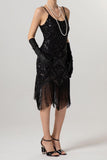 Sheath Black Golden Sequins Midi 1920s Dress with Fringes