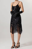Sheath Black Golden Sequins Midi 1920s Dress with Fringes