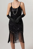 Sheath Black Golden Sequins Midi 1920s Dress with Fringes