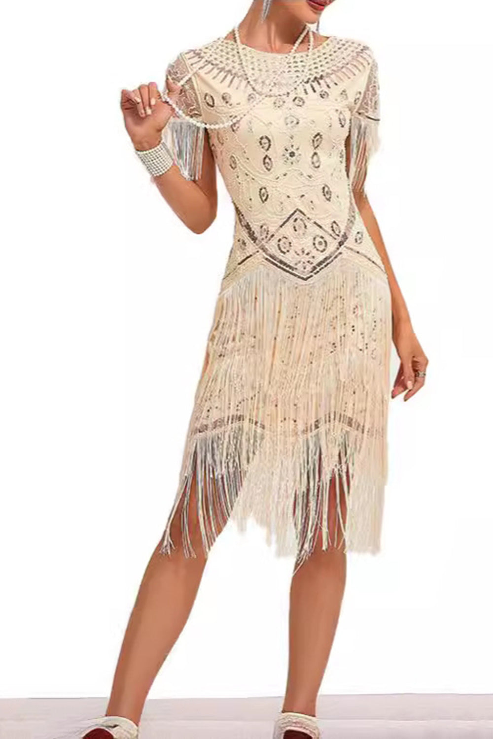 WEDTREND Women Fringed 1920s Dress Appliqued Apricot Sheath Short Sleeve Round Neck Midi Vintage Dress WEDTREND Women Fringed 1920s Dress Appliqued Apricot Sheath Short Sleeve Round Neck Midi Vintage Dress