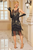 Fringed Sheath Sequins Illusion Neck Black Red 1920s Dress