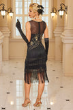 Fringed Sheath Sequins Illusion Neck Black Red 1920s Dress
