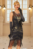 Fringed Sheath Sequins Illusion Neck Black Red 1920s Dress