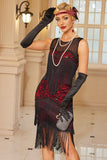Fringed Sheath Sequins Illusion Neck Black Red 1920s Dress