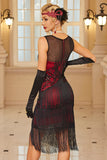 Fringed Sheath Sequins Illusion Neck Black Red 1920s Dress