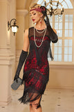 Fringed Sheath Sequins Illusion Neck Black Red 1920s Dress