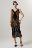 Black Golden Sheath Sequins 1920s Dress With Tassles