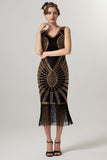 Black Golden Sheath Sequins 1920s Dress With Tassles