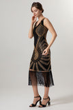 Black Golden Sheath Sequins 1920s Dress With Tassles