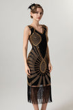Black Golden Sheath Sequins 1920s Dress With Tassles