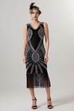 Black Golden Sheath Sequins 1920s Dress With Tassles