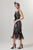 Black Golden Sheath Sequins 1920s Dress With Tassles