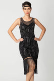 Black Sheath Sequins Fringed Illusion Neck 1920s Dress
