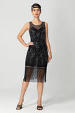 Black Sheath Sequins Fringed Illusion Neck 1920s Dress