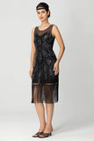 Black Sheath Sequins Fringed Illusion Neck 1920s Dress
