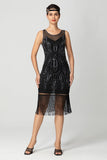 Black Sheath Sequins Fringed Illusion Neck 1920s Dress