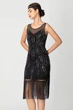 Black Sheath Sequins Fringed Illusion Neck 1920s Dress