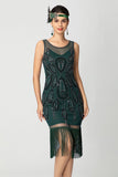 Black Sheath Sequins Fringed Illusion Neck 1920s Dress