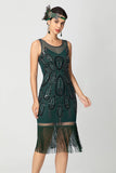 Black Sheath Sequins Fringed Illusion Neck 1920s Dress