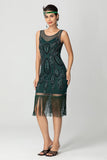 Black Sheath Sequins Fringed Illusion Neck 1920s Dress