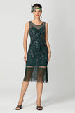 Black Sheath Sequins Fringed Illusion Neck 1920s Dress