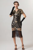 Black Sheath Fringed Midi V-Neck 1920s Dress with Sequins