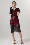Black Sheath Fringed Midi V-Neck 1920s Dress with Sequins